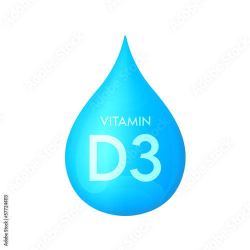 Drip vitamin D3 blue icon 3D isolated on a white background. Drop minerals and vitamins complex realistic. Used for nutrition products food. Medical scientific concepts. Vector EPS10 illustration.