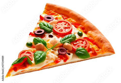 Foto pizza aislada, queso, tomate, aceitunas y albahaca, Ai