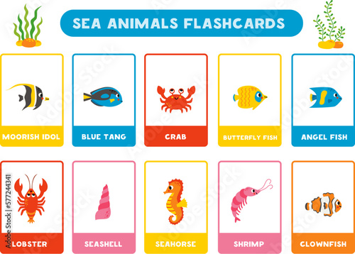 Cute cartoon sea animals with names. Flashcards for learning English.