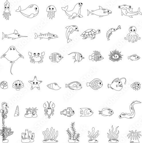 Sea life animal collection black and white. Coloring set.