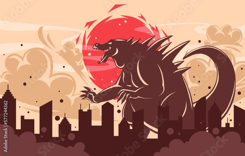 Big Lizard Reptile Monster Attacking City Background Concept