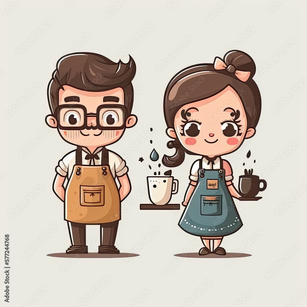 cute cartoon couple barista in apron , happy character, white background, Made by AI,Artificial intelligence cute cartoon couple barista in apron , happy character, white background, Made by AI,Artificial intelligence