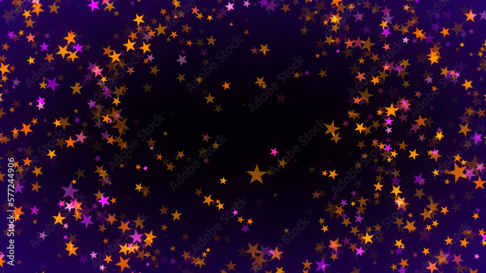 Abstract Festive Golden Purple Violet Shine Scattered Five Pointed Star Shape Sparkle Particles Frame On Dark Violet Gradient Background