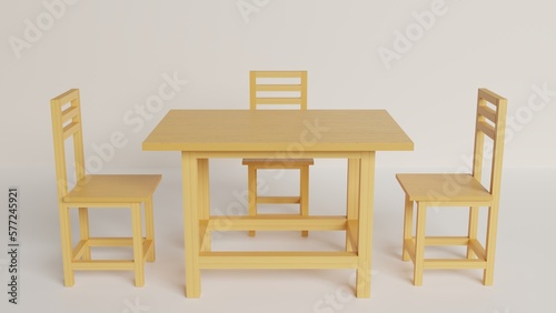 wooden table and wooden chairs on the white background.3d rendring. 