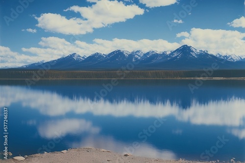 landscape, snowy mountain in the background, lake with reflection, pine trees, clouds, sun, sunset, sky, nature, sun, AI generated