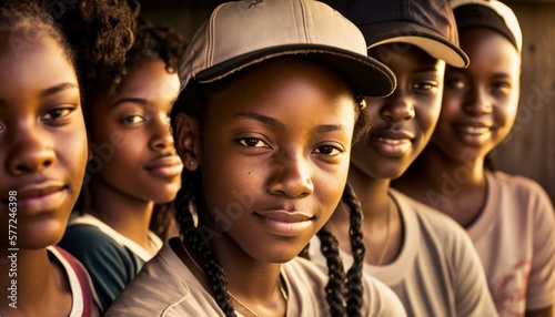 Group of Diverse and Empowered African American Black Youth Female High School Students Working Together in Baseball : Power of Collaboration in Clubs, Sports Teams (generative AI)