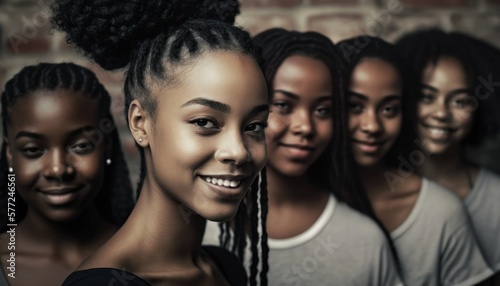 Group of Diverse and Empowered African American Black Youth Female High School Students Working Together in Language Club : Power of Collaboration in Clubs, Sports Teams (generative AI)