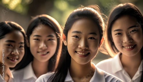 Group of Diverse and Empowered Asian Youth Female High School Students Working Together in Community Service Club : Power of Collaboration in Clubs, Sports Teams (generative AI)