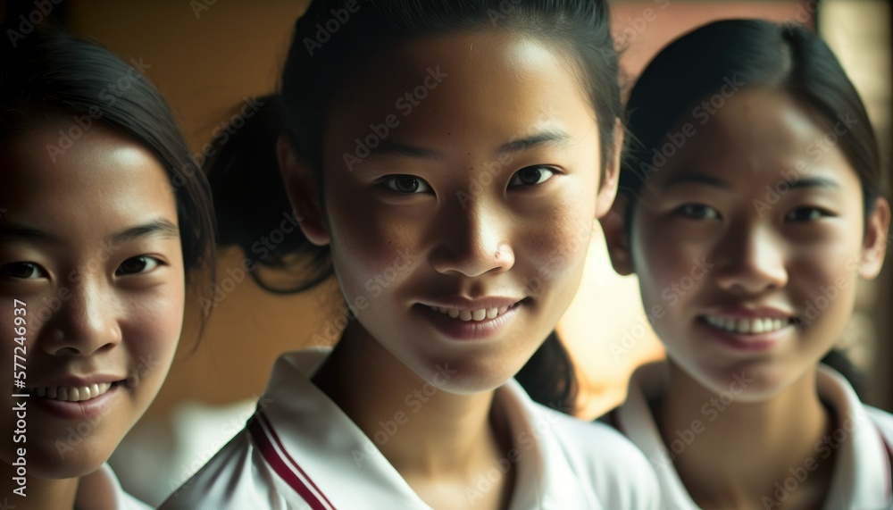 Group of Diverse and Empowered Asian Youth Female High School Students Working Together in Soccer : Power of Collaboration in Clubs, Sports Teams (generative AI)