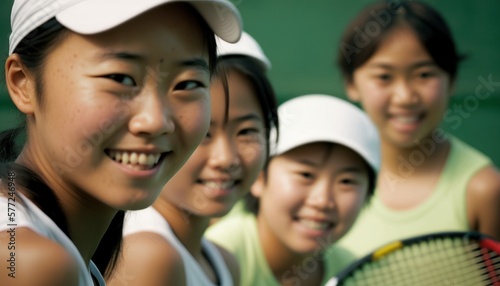 Group of Diverse and Empowered Asian Youth Female High School Students Working Together in Tennis : Power of Collaboration in Clubs, Sports Teams (generative AI)