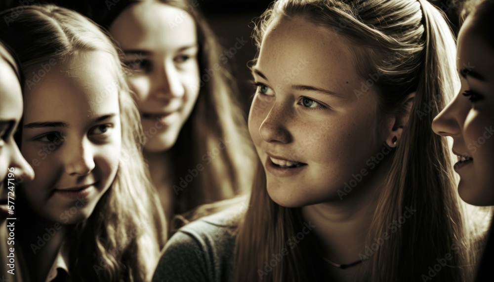 Group of Diverse and Empowered Caucasian White Youth Female High School Students Working Together in Debate Club : Power of Collaboration in Clubs, Sports Teams (generative AI) Group of Diverse and Empowered Caucasian White Youth Female High School Students Working Together in Debate Club : Power of Collaboration in Clubs, Sports Teams (generative AI)