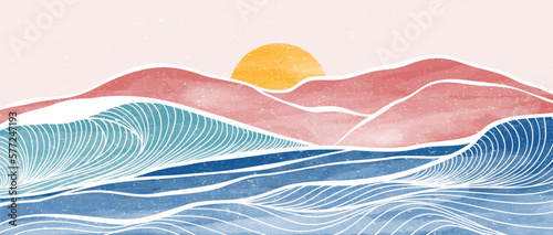 Ocean wave and mountain landscape illustrations. Creative minimalist modern painting and line art print. Abstract contemporary aesthetic backgrounds landscapes. with Ocean wave, sea, mountain