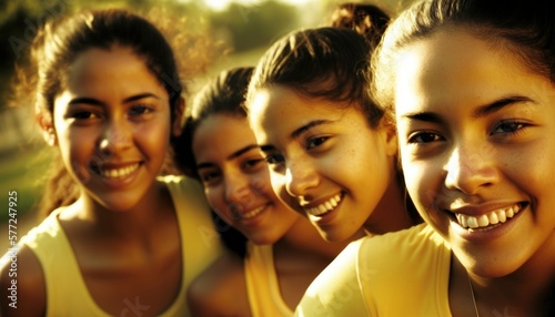 Group of Diverse and Empowered Hispanic Youth Female High School Students Working Together in Cross Country : Power of Collaboration in Clubs, Sports Teams (generative AI)