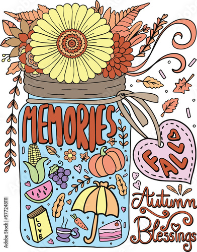 Fall memories-Autumn Blessing with heart, flower, grape, corns and pumpkins elements. Hand drawn lines. Doodles art for greeting cards, invitation or poster. Coloring book for adult and kids.
