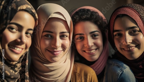 Group of Diverse and Empowered Middle Eastern Youth Female High School Students Working Together in Diversity and Inclusion Club : Power of Collaboration in Clubs, Sports Teams (generative AI)