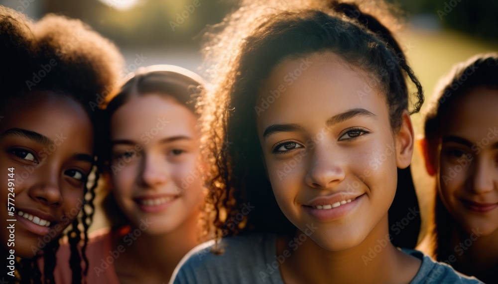 Group of Diverse and Empowered Multiracial Youth Female High School Students Working Together in Community Service Club : Power of Collaboration in Clubs, Sports Teams (generative AI)