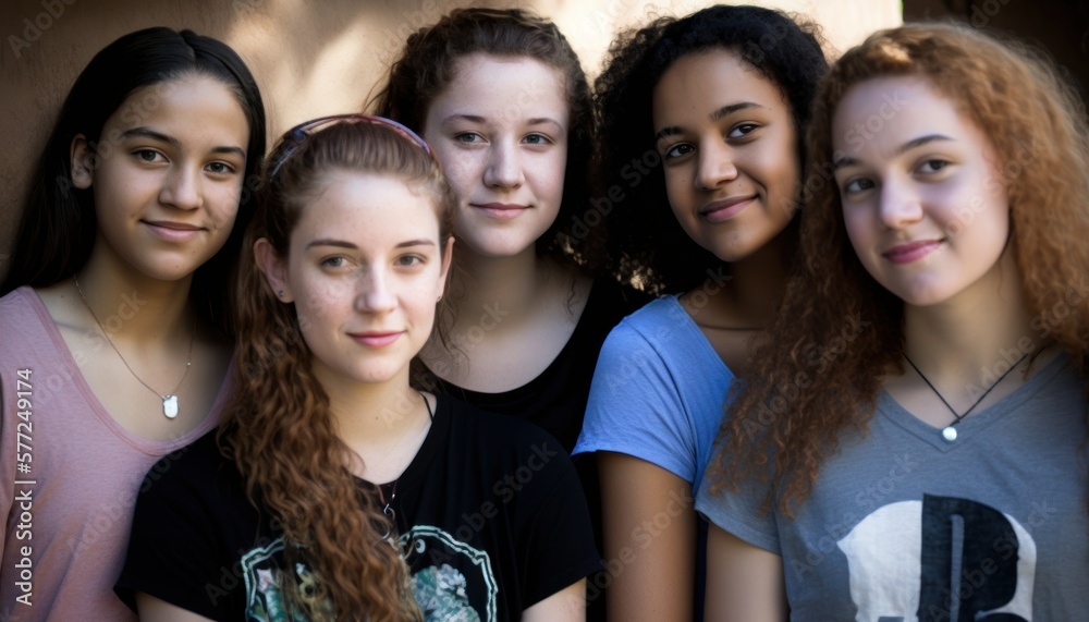 Group of Diverse and Empowered Multiracial Youth Female High School Students Working Together in Creative Writing Club : Power of Collaboration in Clubs, Sports Teams (generative AI)