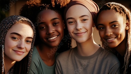 Group of Diverse and Empowered Multiracial Youth Female High School Students Working Together in Creative Writing Club : Power of Collaboration in Clubs, Sports Teams (generative AI) © Get Stock