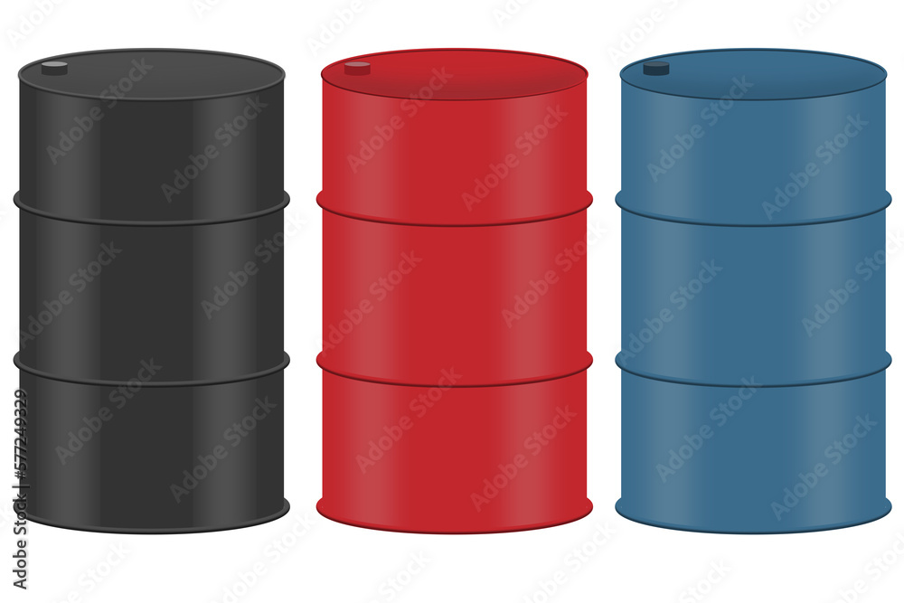 set of oil barrels (Black, Red, Blue) on white png transparent background set of oil barrels (Black, Red, Blue) on white png transparent background