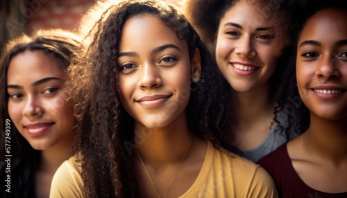 Group of Diverse and Empowered Multiracial Youth Female High School Students Working Together in Key Club : Power of Collaboration in Clubs, Sports Teams (generative AI)