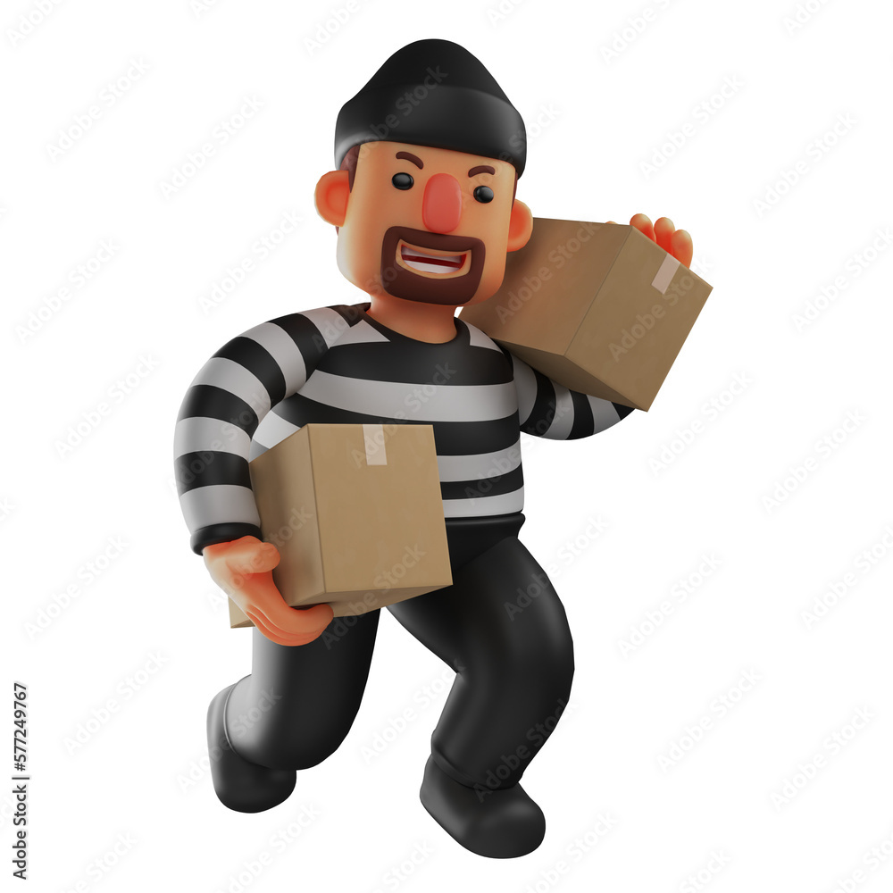 Evil Thief Cartoon Character 3D Stealing some boxes, 3D cartoon thief