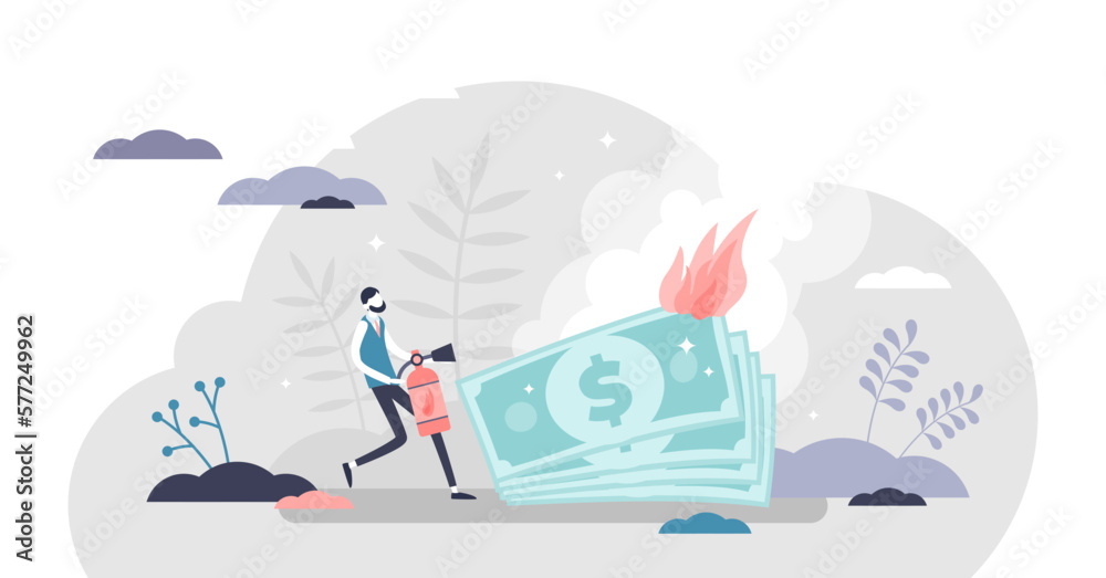 Burning money illustration, transparent background. Financial trouble symbolized with fire and businessman extinguishes flames flat tiny persons concept.