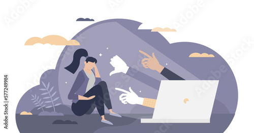 Cyberbullying as aggressive humiliation in internet tiny person concept, transparent background.Hate speech and online social media verbal violence victim illustration. photo