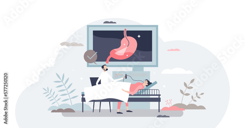 Gastroenterologist occupation as stomach health doctor tiny person concept, transparent background. Specialist medical care, diagnostics and checkup for digestion system.