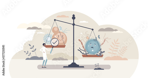 Gut dysbiosis with tract microflora bacterial imbalance tiny person concept, transparent background. Medical condition with bacteriological disorder inspection illustration.