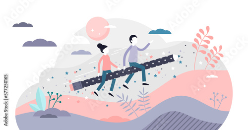Kids creativity illustration, transparent background. Child imagination flat tiny person concept. Mind and thought flight symbolic visualization.