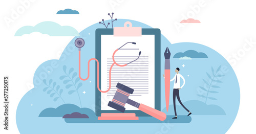 Malpractice illustration, transparent background. Professional medical negligence flat tiny person concept. Healthcare incompetence consequences legal letter. Doctor failure law claim.