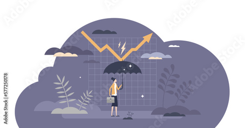 Managing risk as business financial crisis and money loss management tiny person concept, transparent background. Stock stability strategy, problem monitoring.