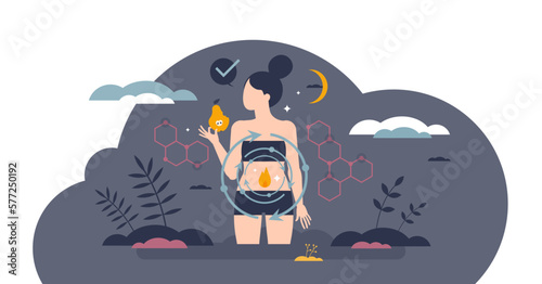 Metabolic body energy with food ATP chemical reaction tiny person concept, transparent background. Food digestion system with nutrients burning and synthesis cycle illustration.