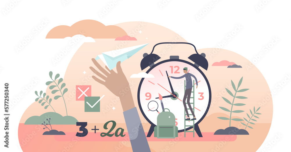 Fototapeta premium School education system with pupil knowledge development tiny person concept, transparent background. Cognitive process with learning from teachers or homework illustration.