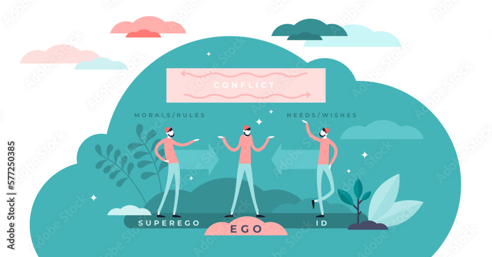 Ego, super ego and ID psychological conflict concept, flat tiny persons illustration