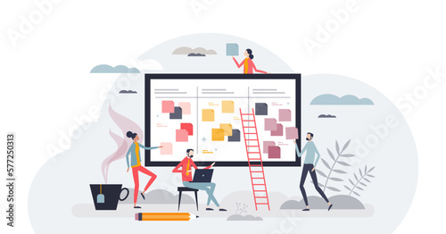 Retrospective look back to reflect on past week plan tiny person concept, transparent background. Sticky notes on calendar with reminders as effective strategy for business daily tasks illustration.