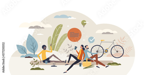 Self care and relaxing together with group of friends tiny person concept, transparent background. Drive with bicycle to picnic for fun conversation and talking with diverse community illustration. photo