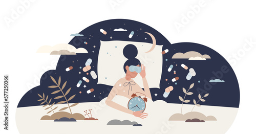 Sleep remedies and insomnia problem caused treatment tiny person concept, transparent background. Anxiety and depression help with prescription sleeping pills and medicine illustration.