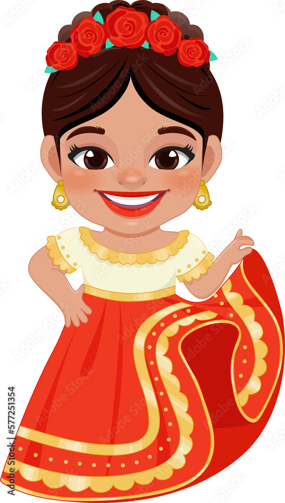 Cute girl in mexican folk outfit and  Mariachi Dancer for celebrating Cinco de Mayo festival cartoon PNG