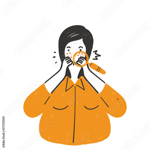 hand drawn doodle woman looking acne on skin face with magnifying glass illustration vector