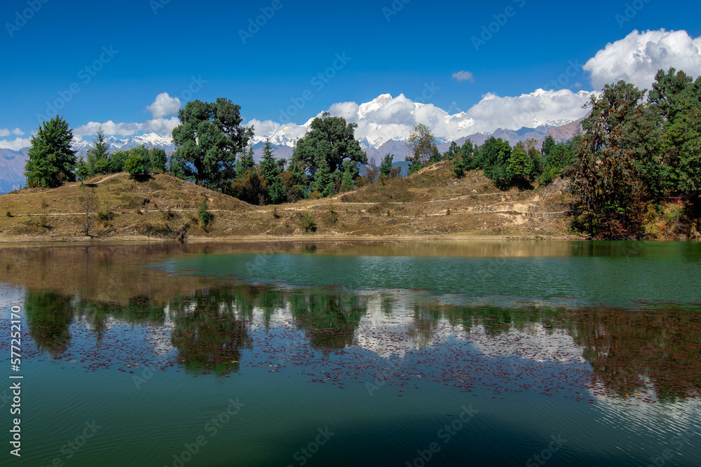 Holy Devariyatal, Deoria Tal, Devaria or Deoriya, an emerald lake with miraculous reflections of Chaukhamba peaks on its crystal clear water. Chaukhamba peaks, Garhwal Himalayas, Uttarakahnd, India.
