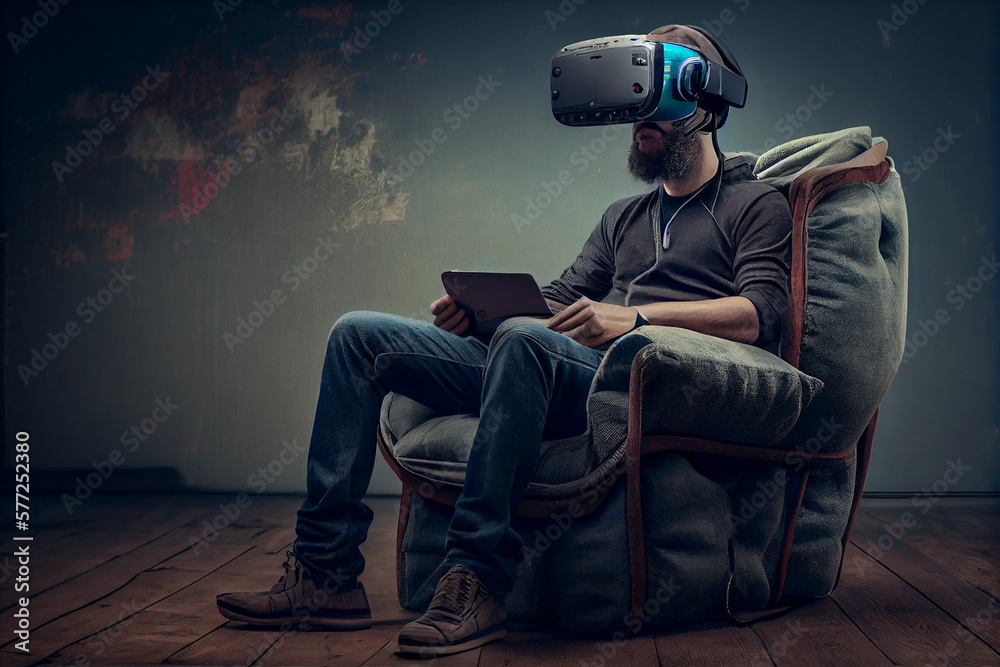 a digital artwork of people sitting on armchair wearing virtual reality head