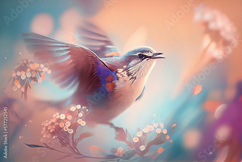 a digital artwrk of bird landing on the flowers. Pastel tones. Blurred background. photo