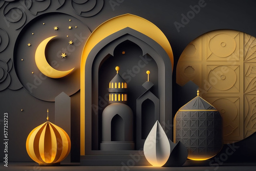 Celebrate the holy month of Ramadan and Eid with our stunning 3D modern Islamic holiday banner in a carcoal and yellow monotone design. It showcases Islamic culture, Islam with a beautiful  photo