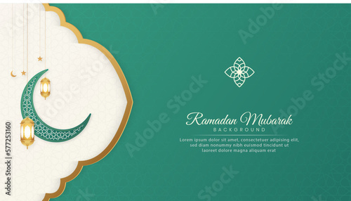 Ramadan Mubarak Islamic Arabic Ornamental Pattern Green Background With Arabic Style Lanterns and Ornament	