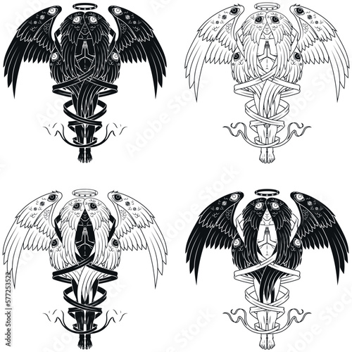 Vector design of praying angel with a halo, seraph with six wings surrounded with a ribbon, archangel with a halo and feathers, angel of the catholic religion
