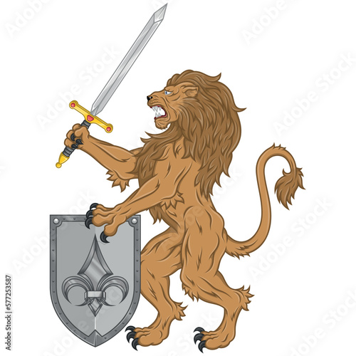 Vector design of rampant lion with sword and shield, heraldic symbol of European Middle Ages