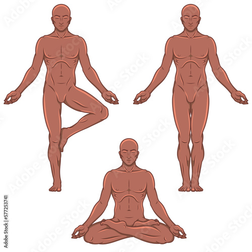 Vector design of man doing fitness and pilates exercise, man meditating doing yoga