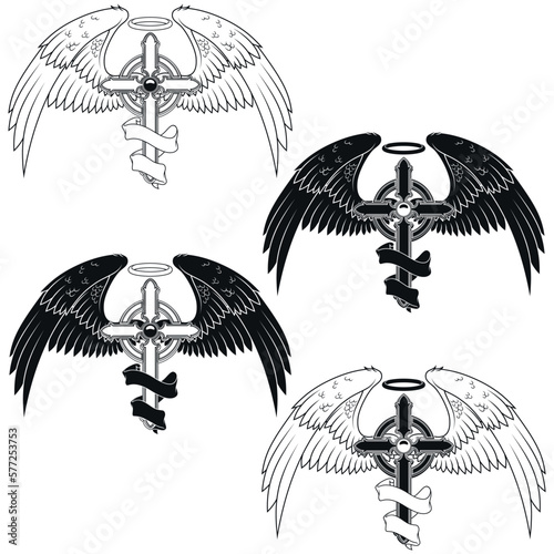 Vector design of winged cross with ribbon, heavenly cross with wings, Christian symbology of paradise