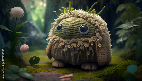A cute monster made by cotton, hyper-realistic, ray renderer. The 3D rendering features a lifelike and detailed design, with intricate textures and realistic lighting effects
